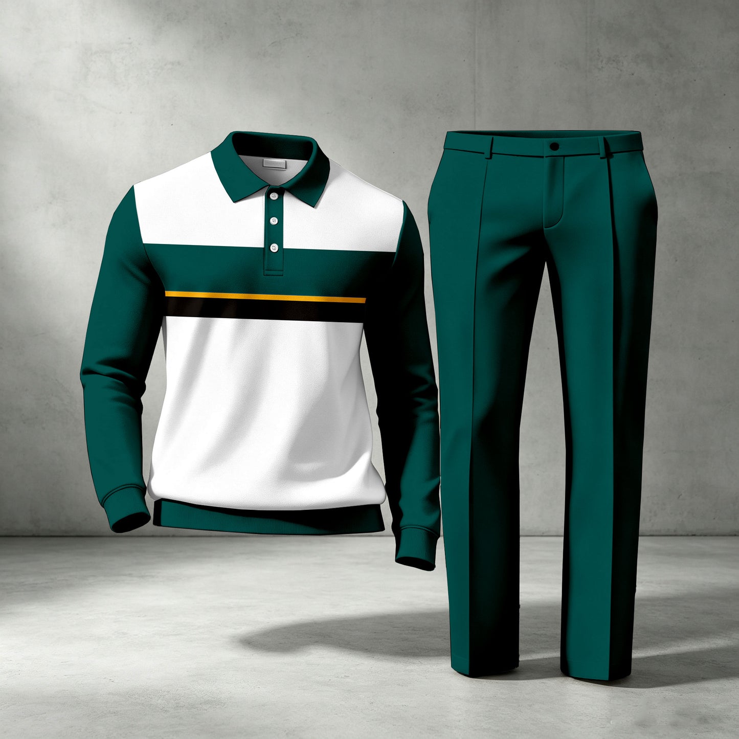 Men's Green Striped Long-Sleeve Polo Shirt and Pants Two-Piece Set