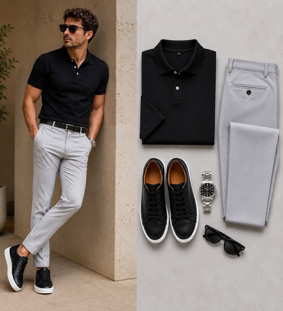 Men's Casual Black Color Polo Shirt & Pants Two-Piece Set