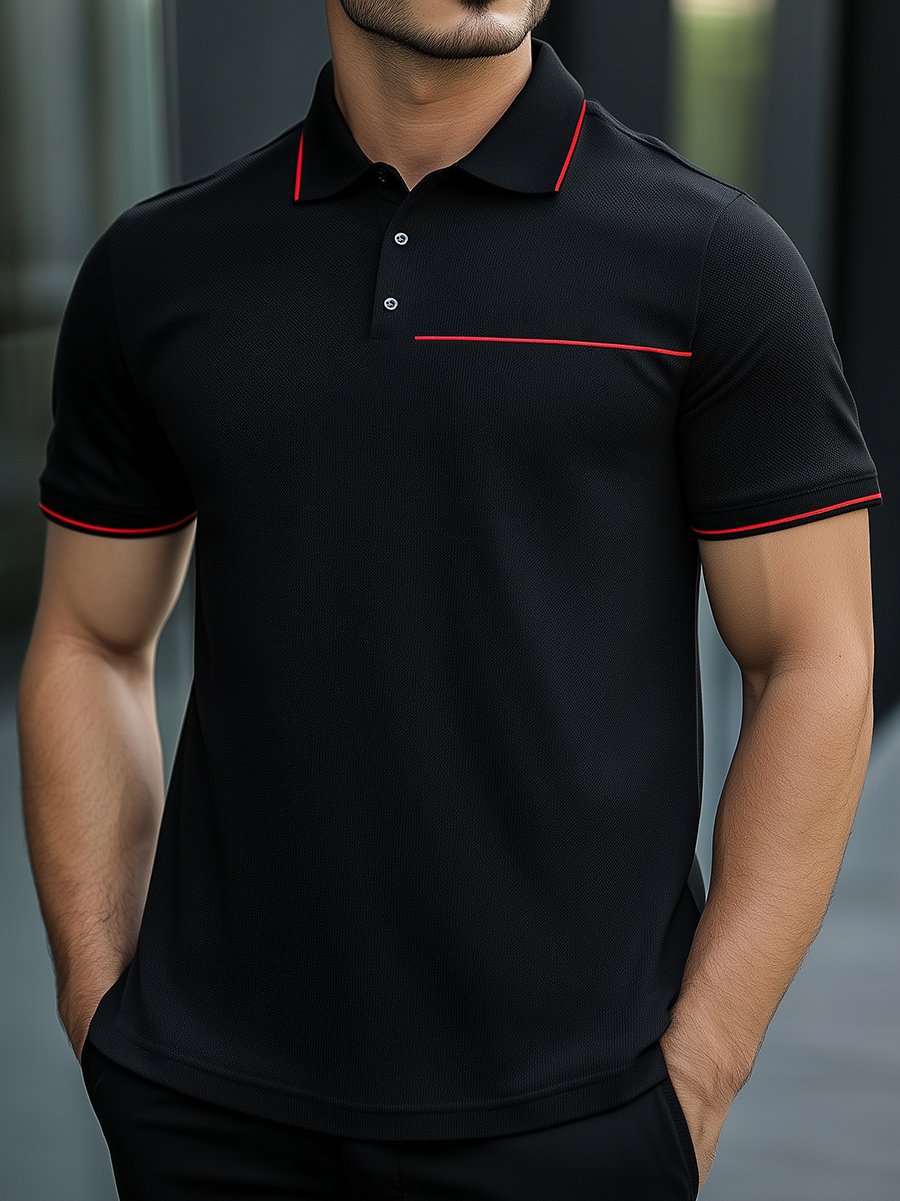 Men's Business Stripe Button-Down Short Sleeve Polo Shirt