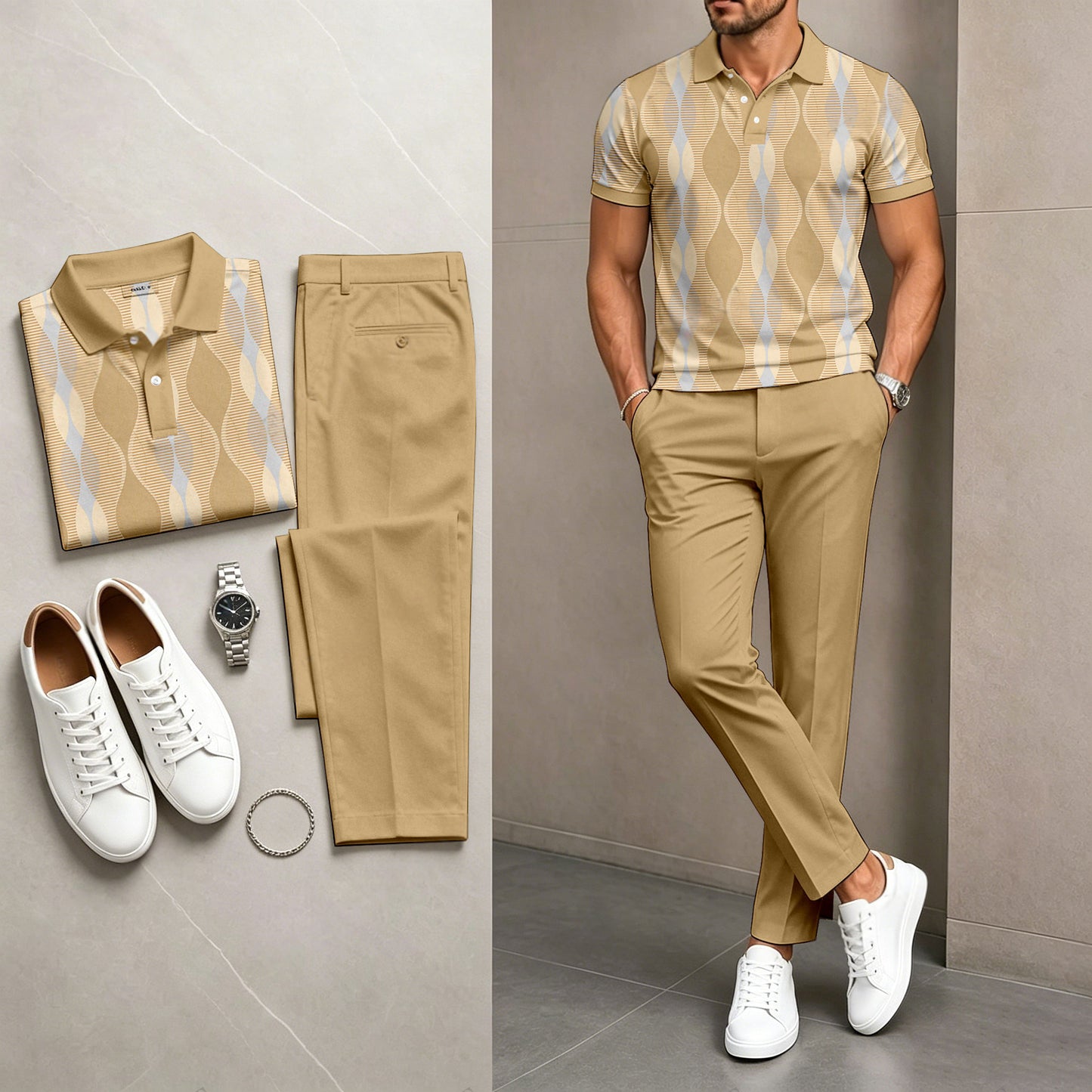 Men's Casual Khaki Plaid Printed Polo Shirt And Pants Two-Piece Set