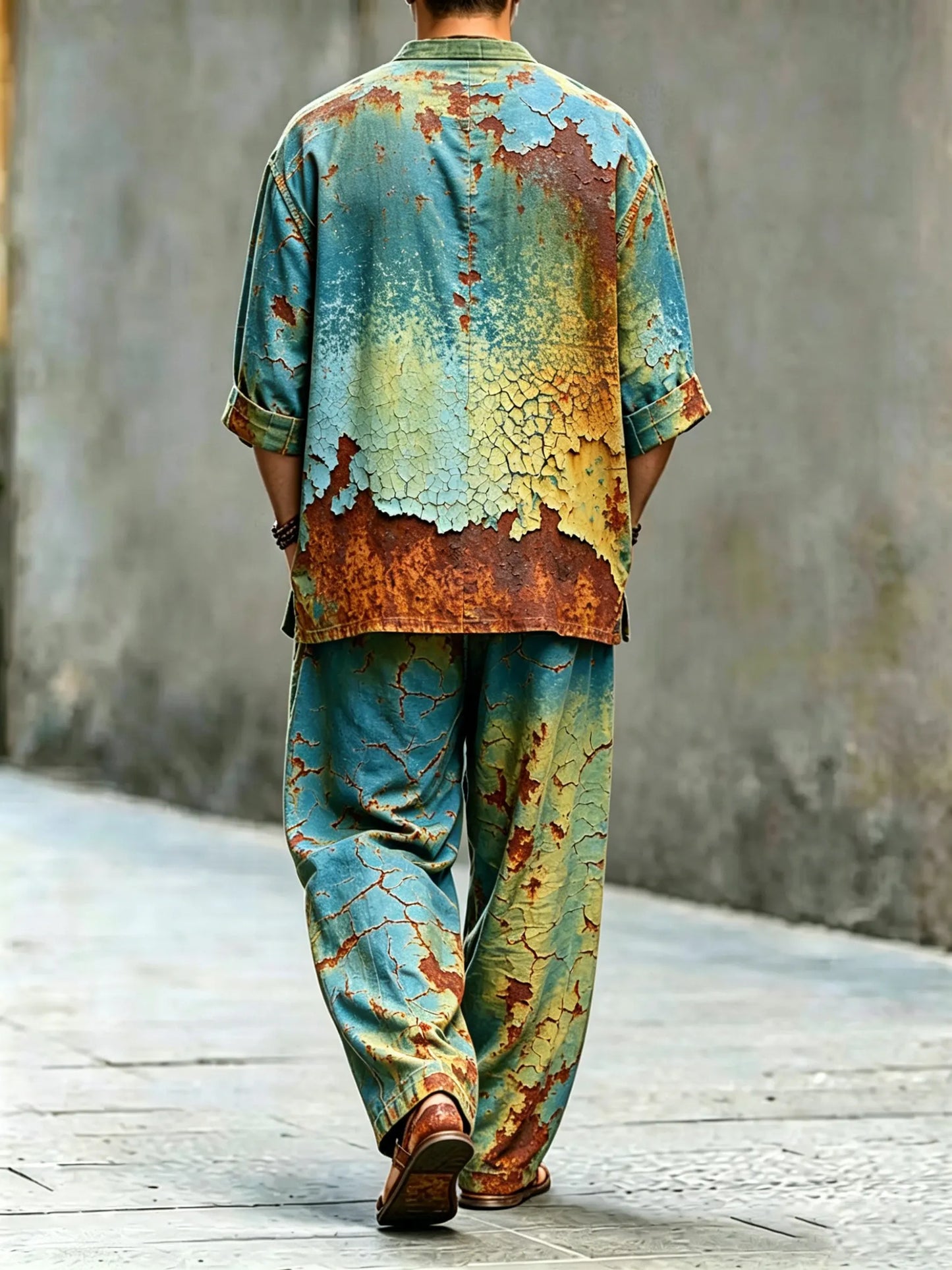 Men's Vintage Abstract Art Printed Cotton Shirt Set (Top & Pants)