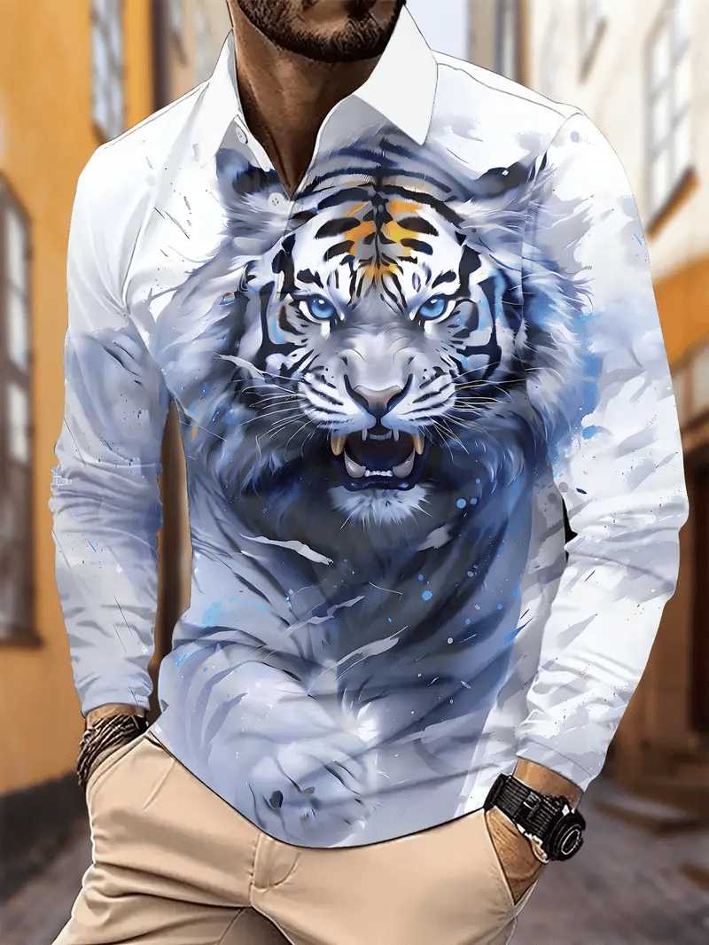 Men's Retro Business Stripe Print Long Sleeve Polo Shirt