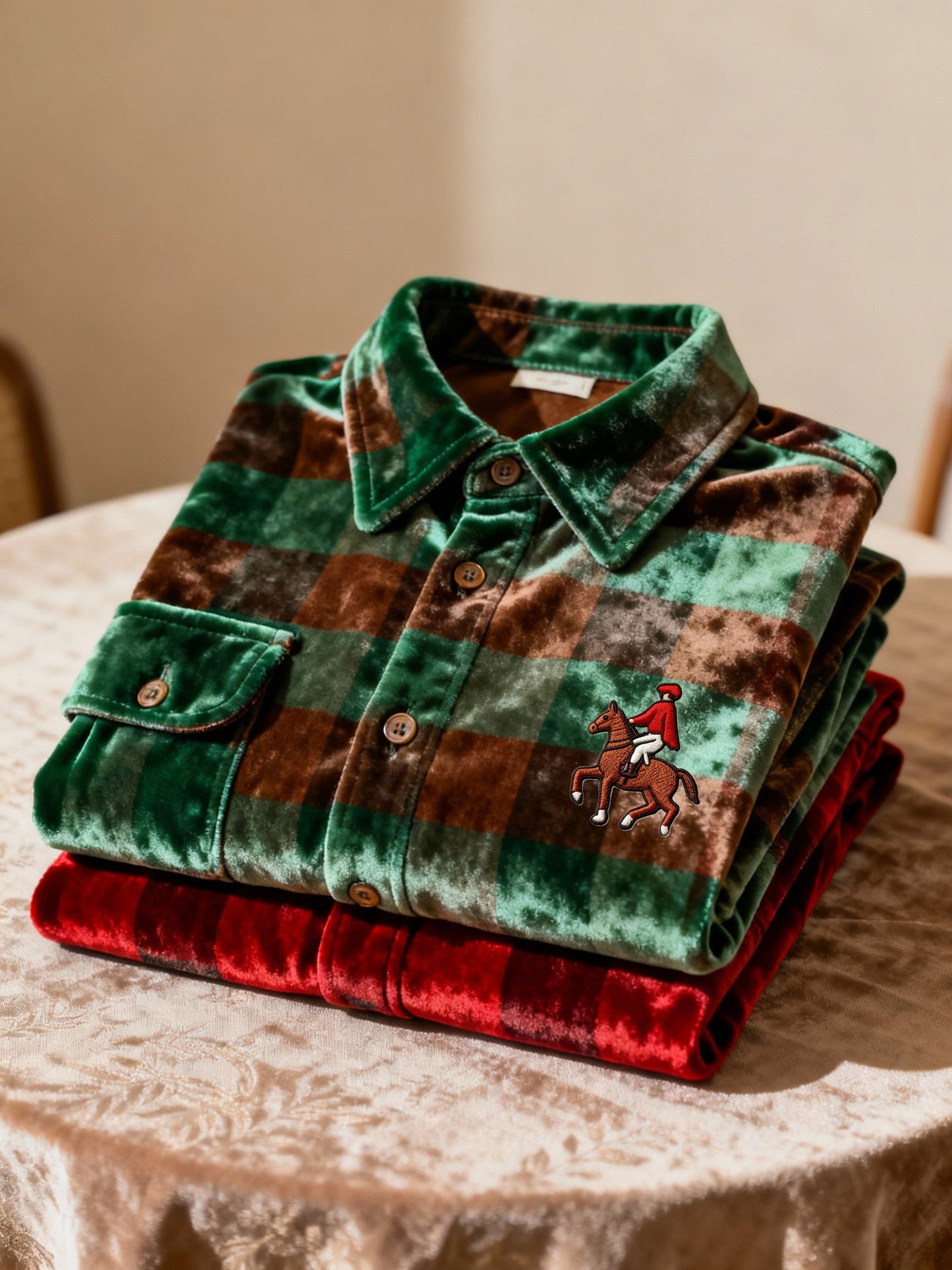 Men's Velvet Logo Casual Plaid Long Sleeve Shirt