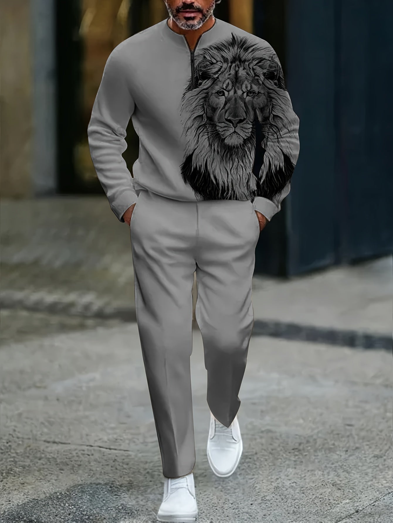 Men's Casual Gray Color Matching Lion Printed Round-Neck Zipper Long Sleeved Sweatshirt & Trousers Two-Piece Set