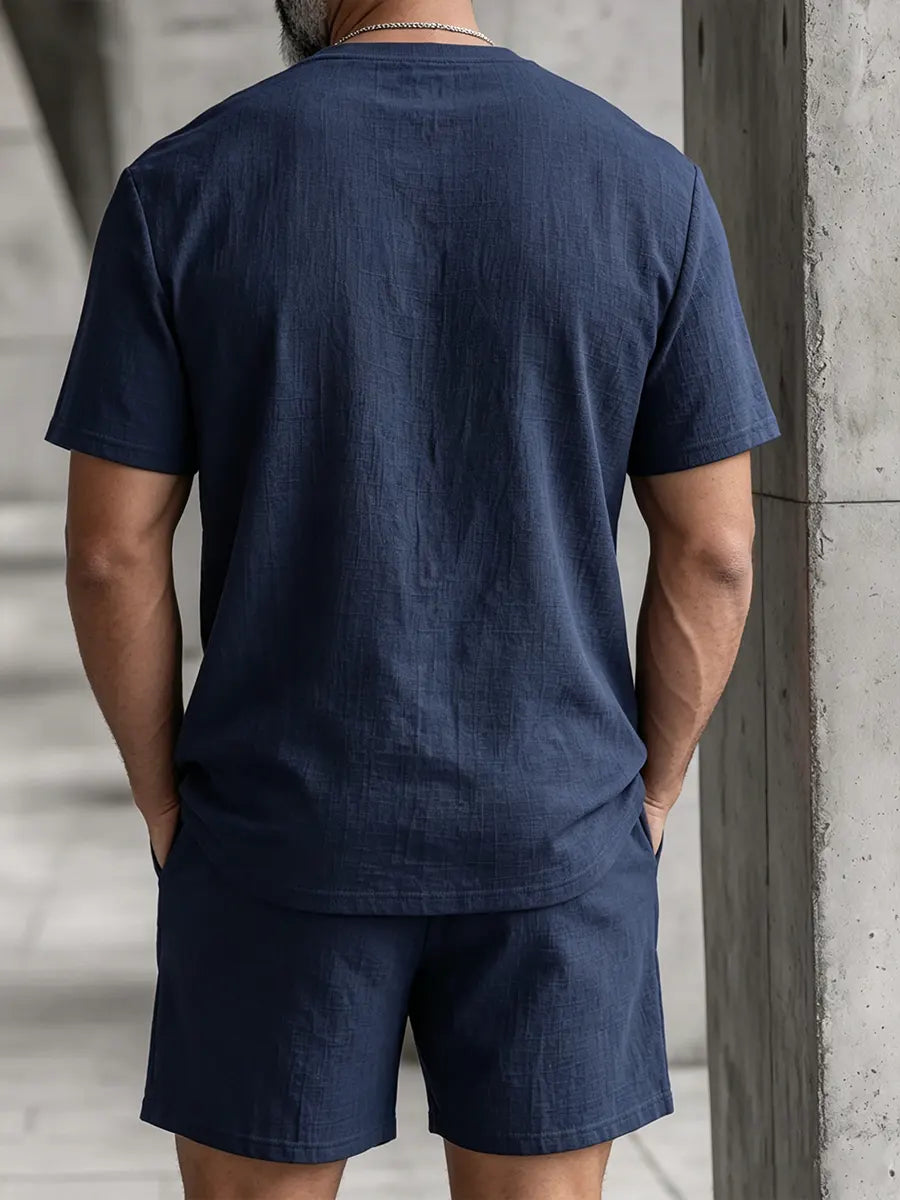Men's Vintage Casual Linen Short Sleeve T-shirt And Shorts Two-piece Set