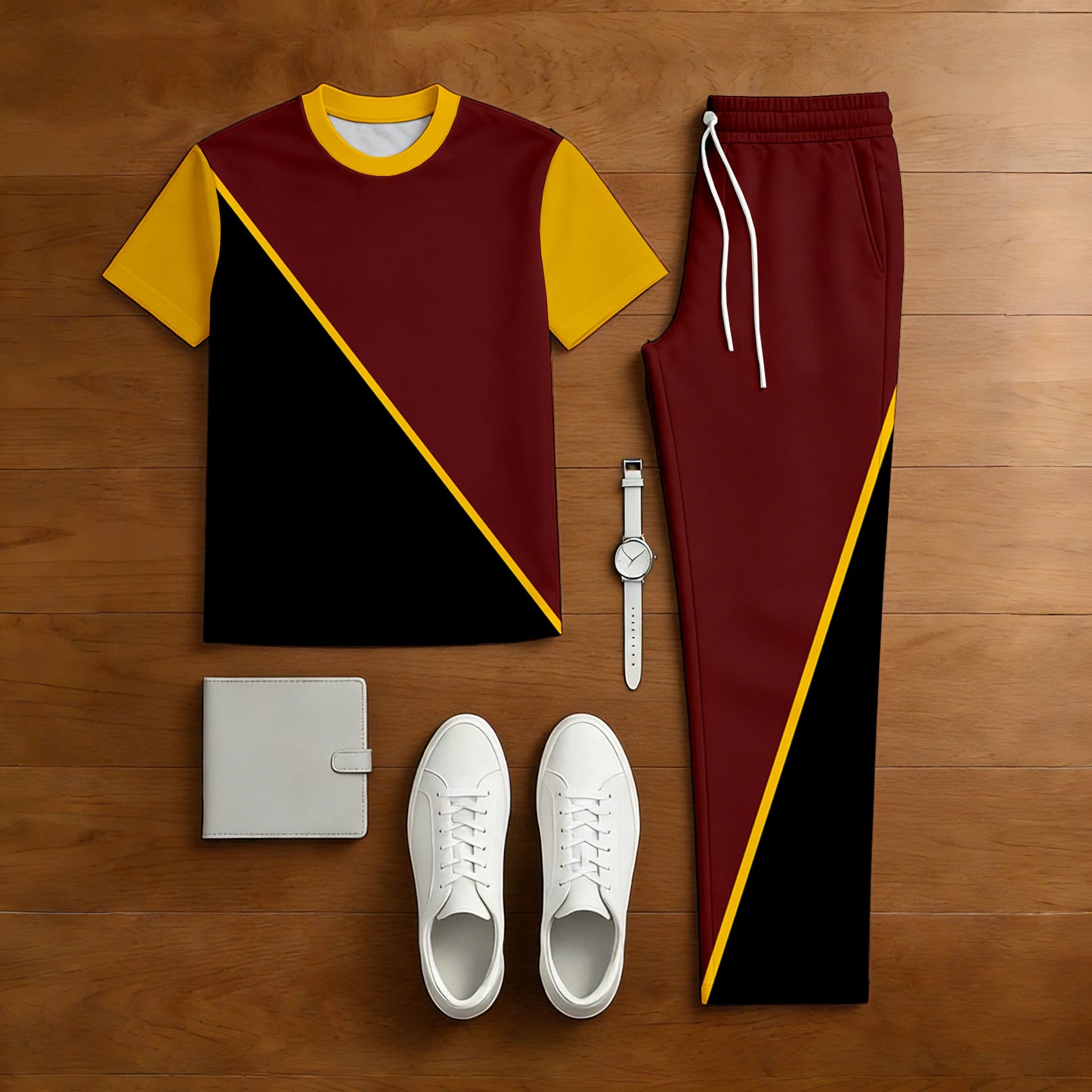 Men's Casual Black & Maroon Color Matching Geometric Printed Short Sleeved T-Shirt & Trousers Two-Piece Set