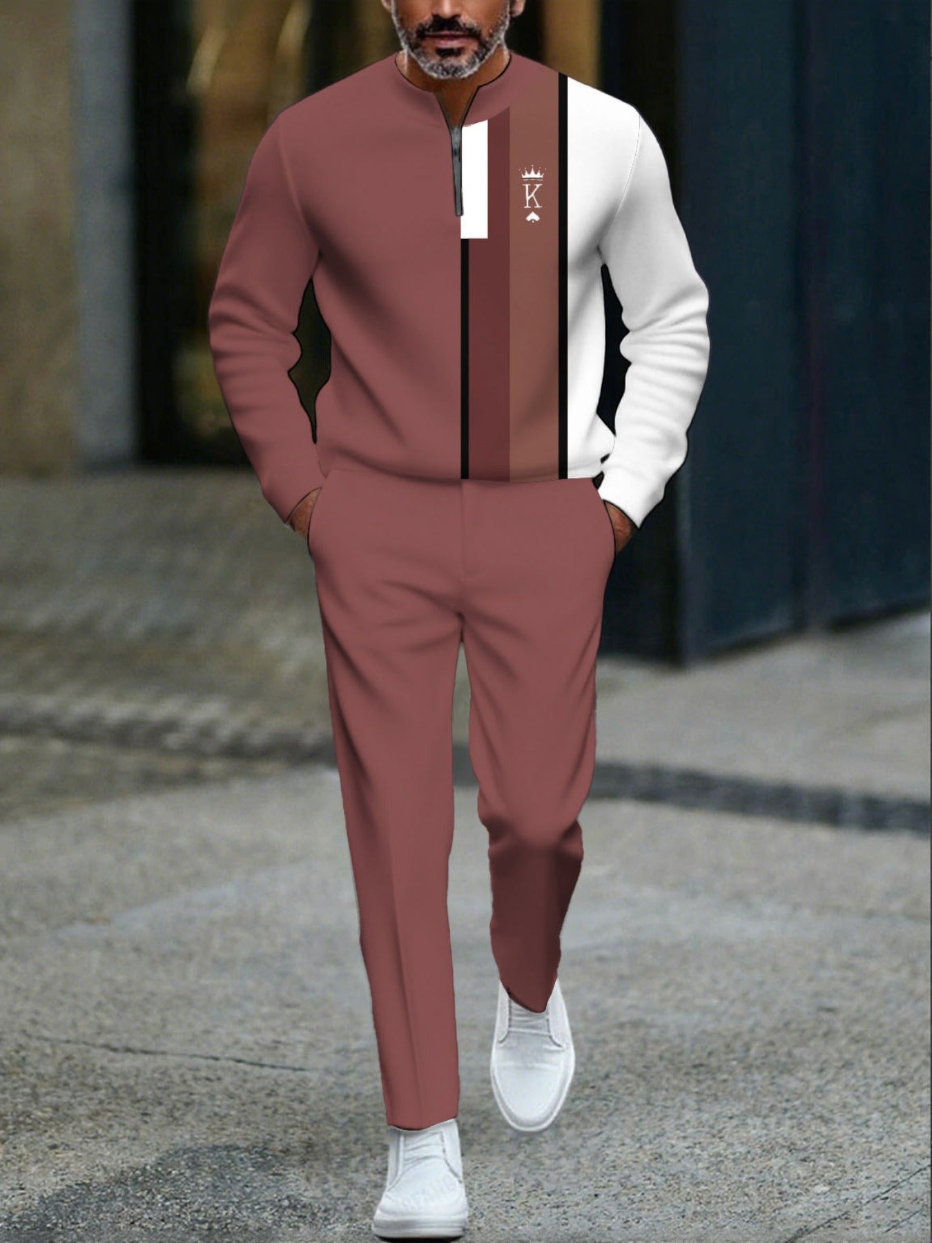 Men's Casual Pink & White Color Matching Geometric Printed Round-Neck Zipper Long Sleeved Sweatshirt & Trousers Two-Piece Set