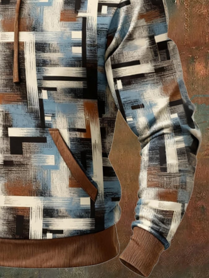 Men's Retro Distressed Color Block Print Casual Fur Collar Long Sleeve Sweatshirt