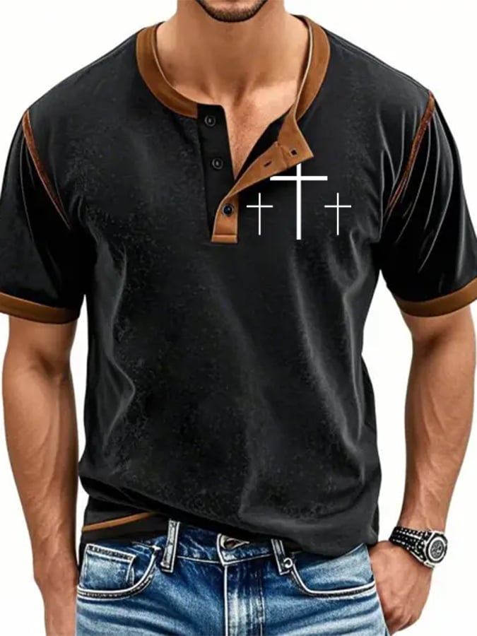 Men's Faith “Goat God Over All Things�?Print Henley Neck T-Shirt