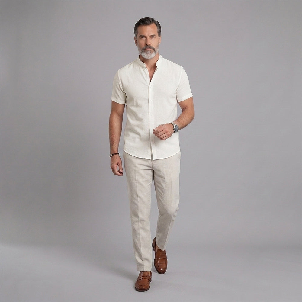 Men's Short-Sleeve Shirt with Stand-Up Collar: Lightweight, Breathable, and Textured