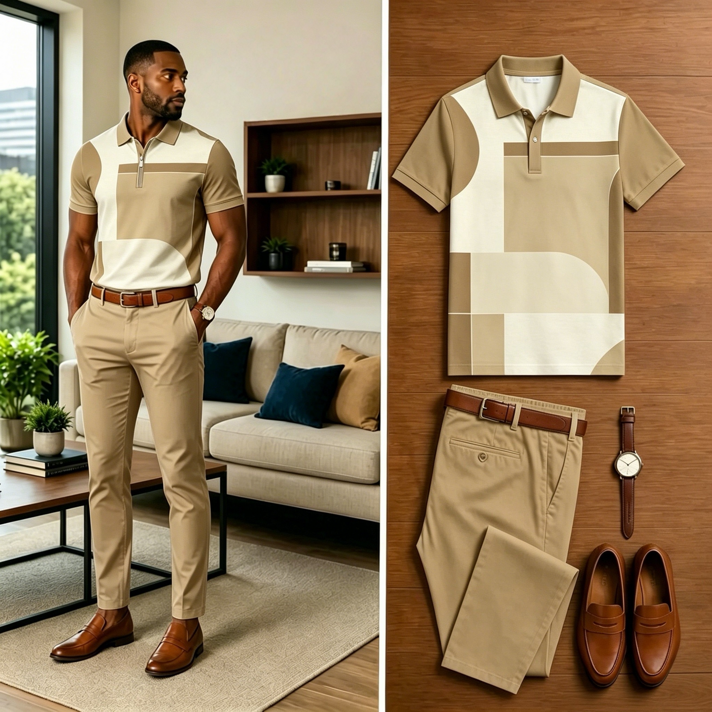 Men's Casual Color Block Patchwork Printed Polo Shirt And Pants Two-Piece Set