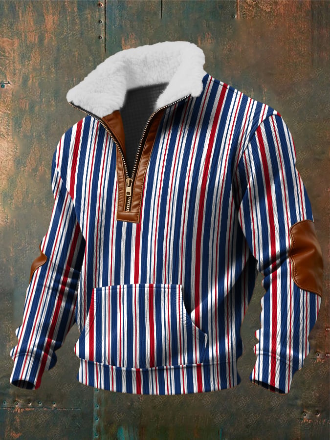 Men's Retro Abstract Art Print Zippered Fur Collar Pocket Patchwork Long-Sleeved Sweatshirt