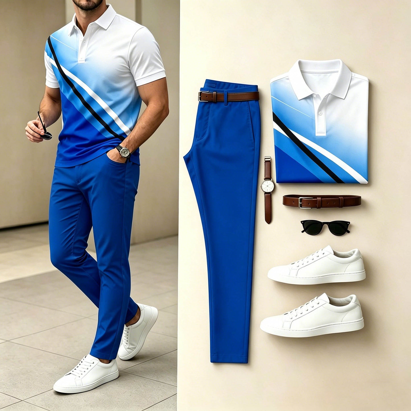 Men's Casual Blue White Diagonal Gradient Printed Polo Shirt & Bright Blue Pants Two-Piece Set