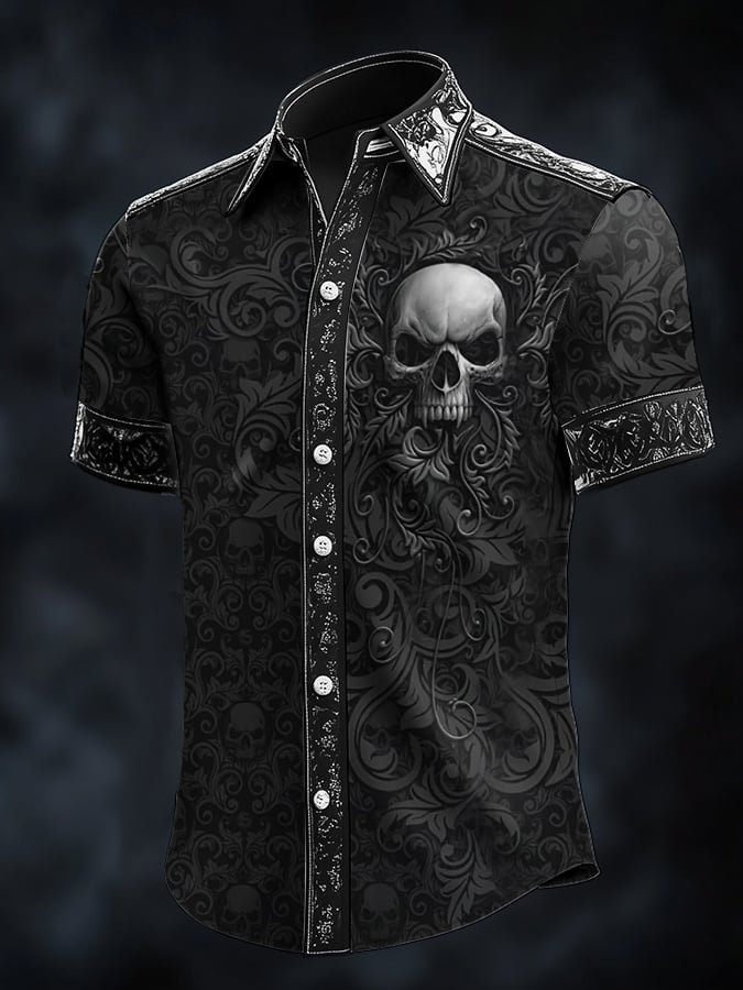 Men's Dark Skull Brogue Pattern Satin Shirt