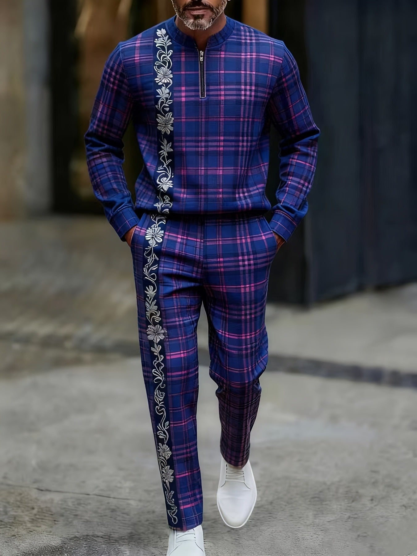 Men's Casual Color Matching Printed Round-Neck Zipper Long Sleeved Trousers Two-Piece Set