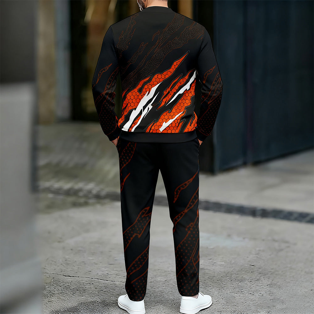 Men's Casual Color Matching Printed Round-Neck Zipper Long Sleeved Trousers Two-Piece Set