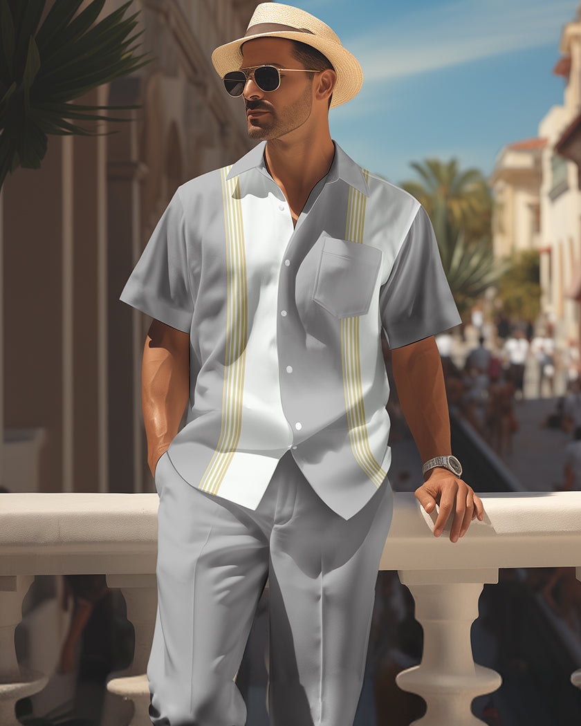 Men's retro colorblock short-sleeved shirt walking Suit 1650