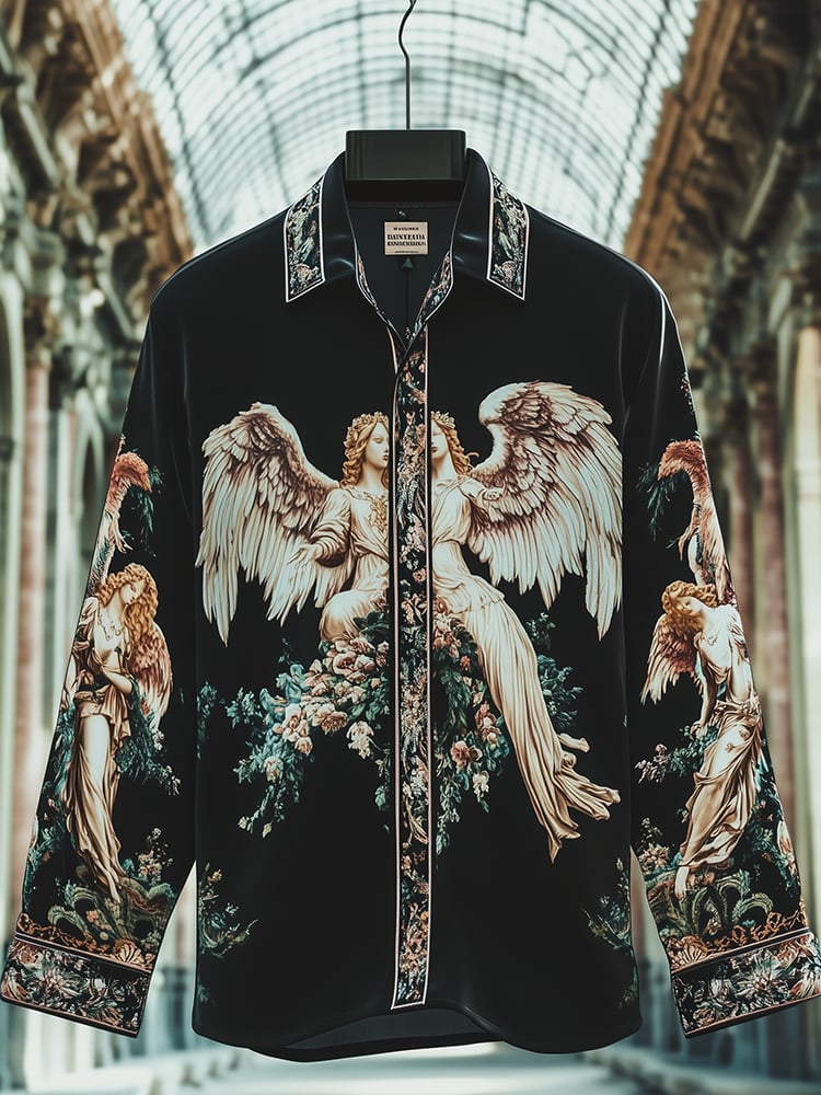 Men's Satin Luxe Madonna Cupid Baroque Long Sleeve Button Down Shirt
