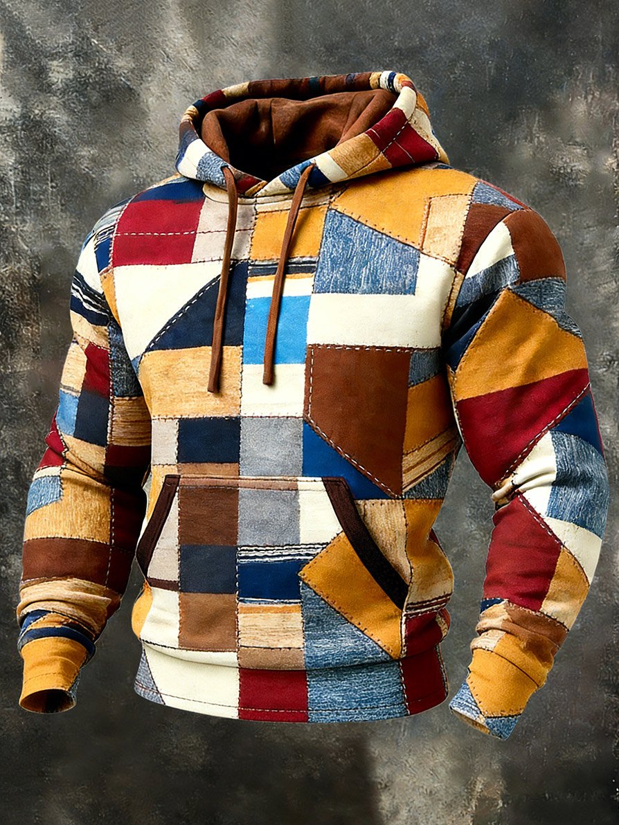 Men's Casual Geometric Patchwork Art Hoodie
