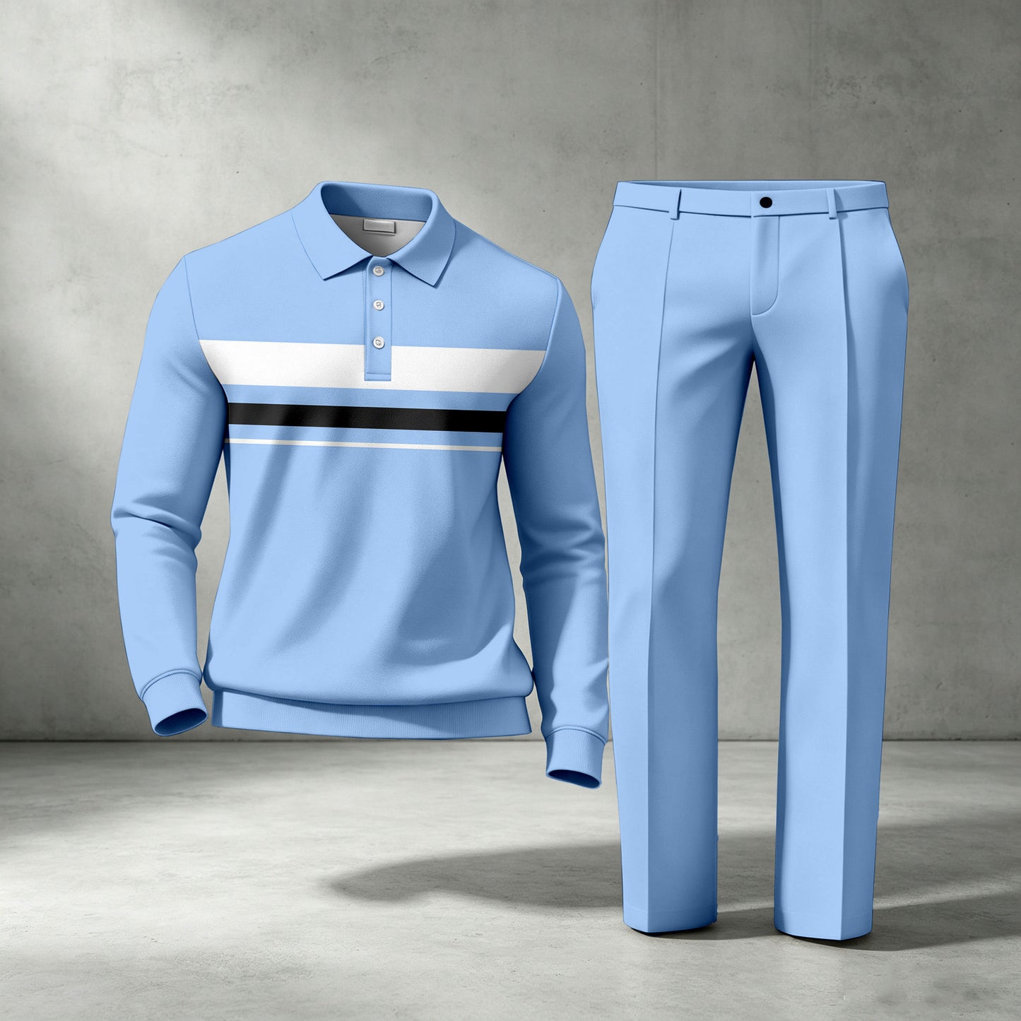 Men's Striped Long-Sleeve Polo Shirt and Pants Two-Piece Set