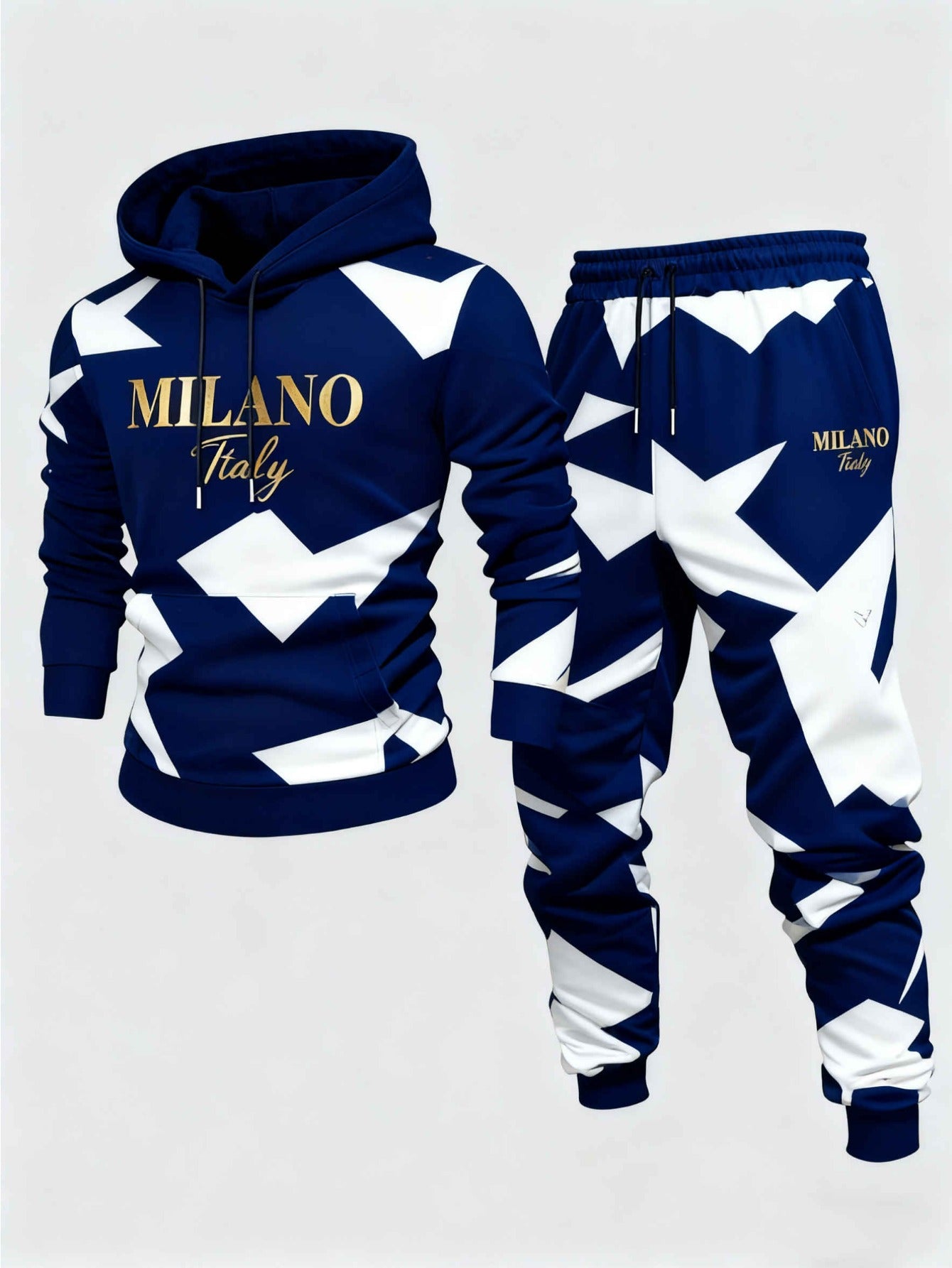 Men's Casual Navy & White Color Matching Geoemtric Printed Hoodies Long Sleeved Sweatshirts & Sweatpants Two-Piece Set