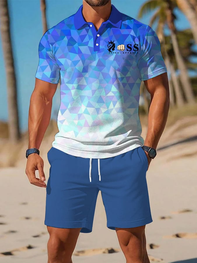 Men's Retro Letter Design Casual Business Short Sleeve Polo Shirt Suit
