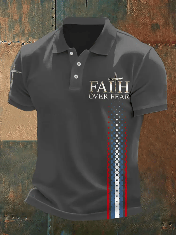 Men's Retro Faith “Faith Over Fear�? Casual Printed Polo Shirt