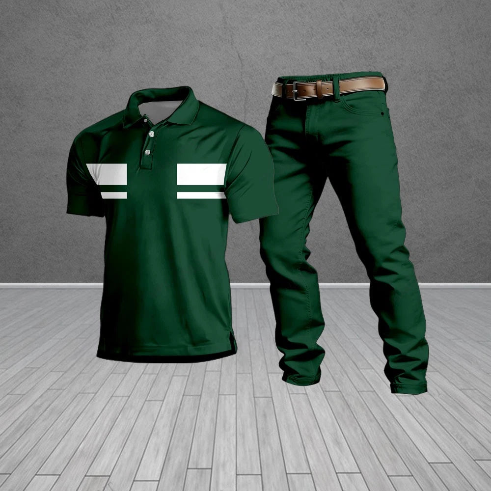 Men's Casual Green & White Geometric Pattern Short-Sleeved Polo Shirt And Trousers Two-Piece Set