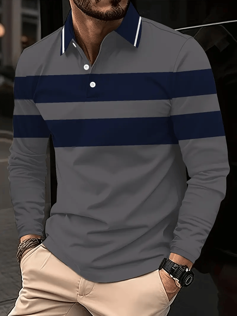 Men's Business Casual Striped Long-Sleeved Polo Shirt