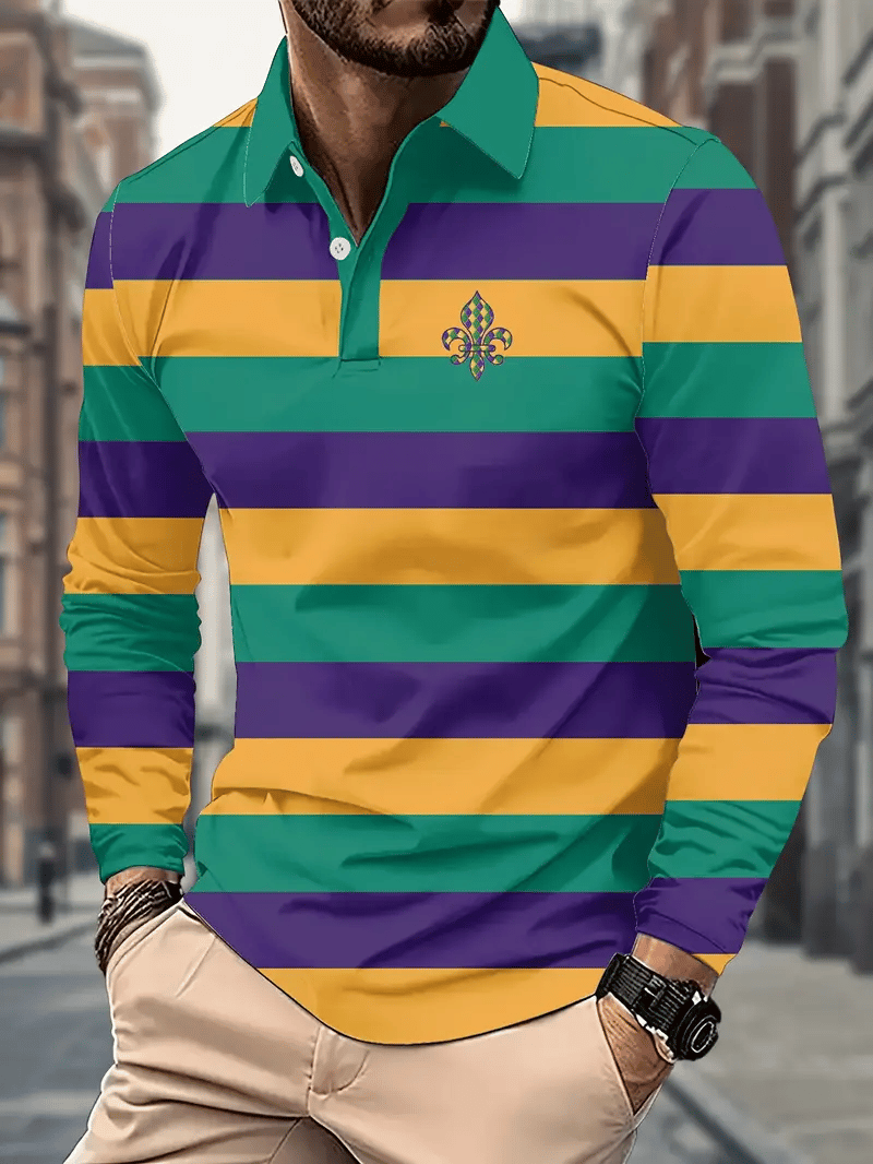 Men's Party Carnival Print Long Sleeve Polo Shirt