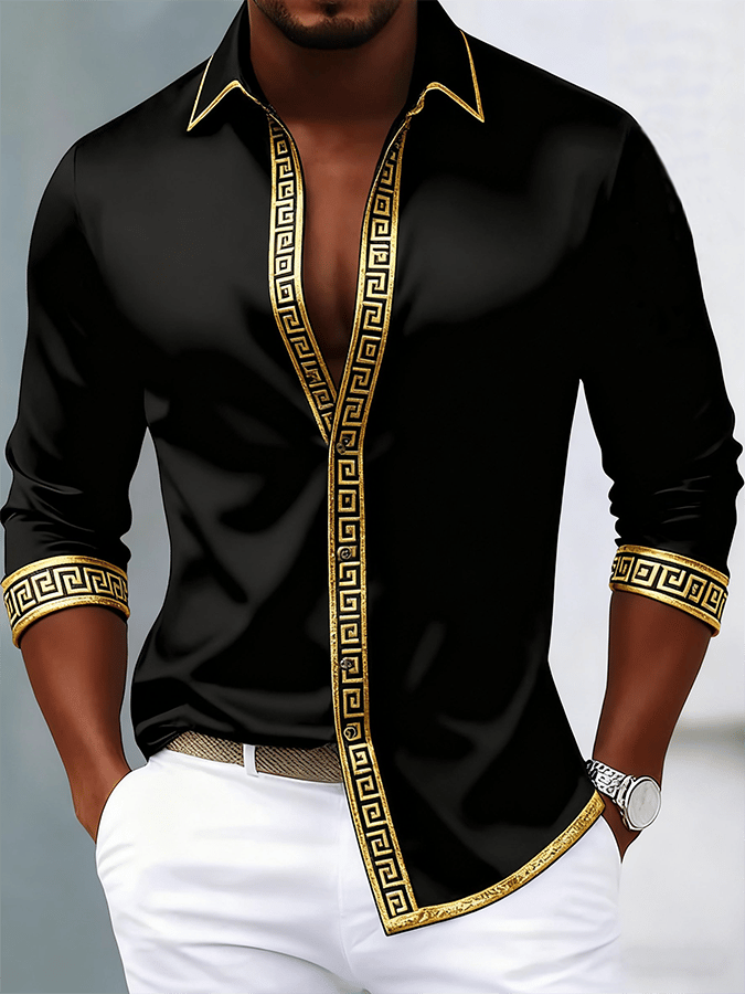 Men's Fashionable Business Luxury Contrasting Color Design Printed Long-Sleeved Shirt