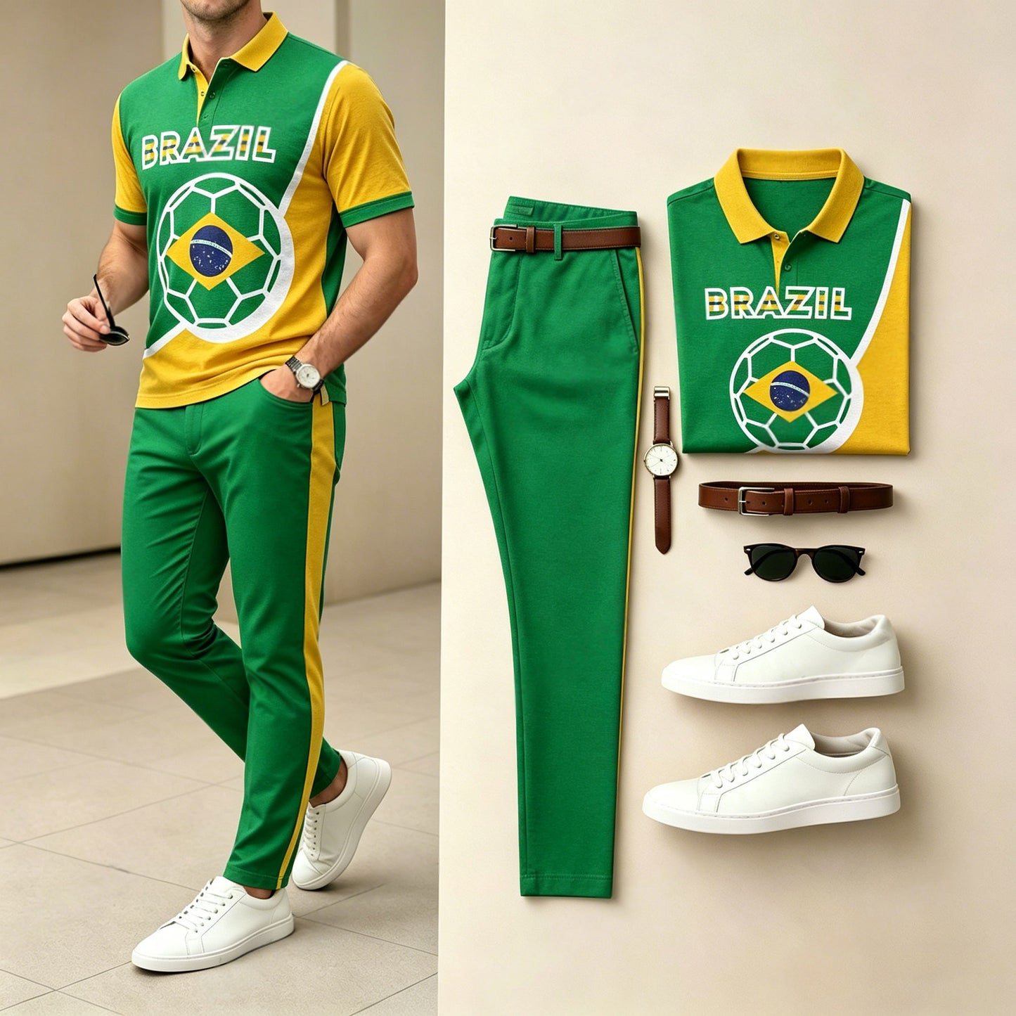 Men's Casual Dark Green Football Sporty Printed Polo Shirt And Pants Two-Piece Set