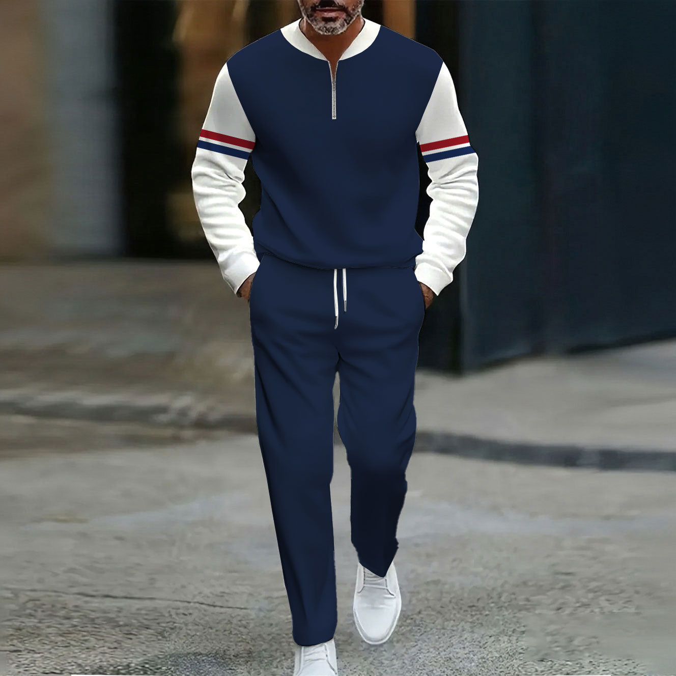 Men's Casual Navy & White Color Matching Round Neck Zipper Long-Sleeve Sweatshirt & Pants Two-Piece Set