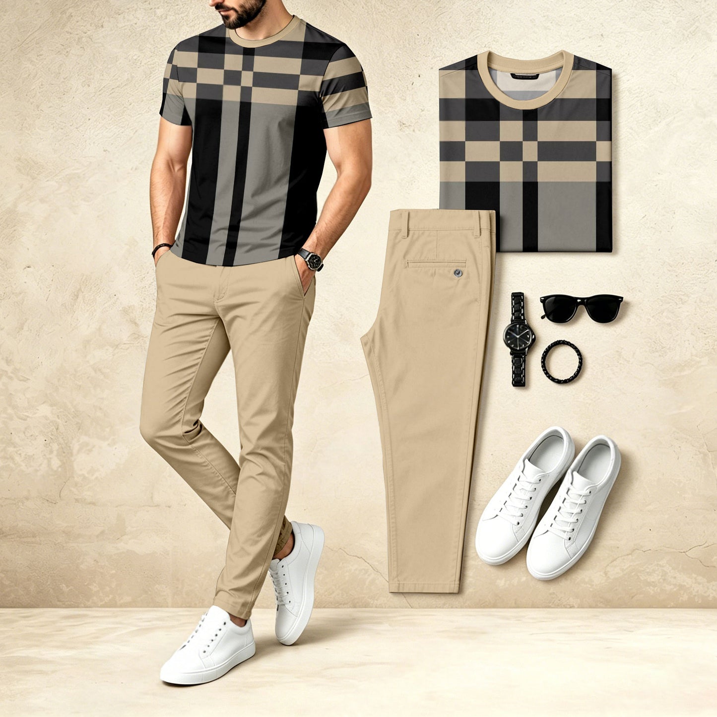 Men's Casual Two-Piece Set: Printed Crew Neck Short-Sleeve Top & Long Pants