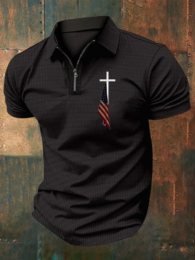 Men'S Flag Cross Print Waffle Casual Polo Shirt