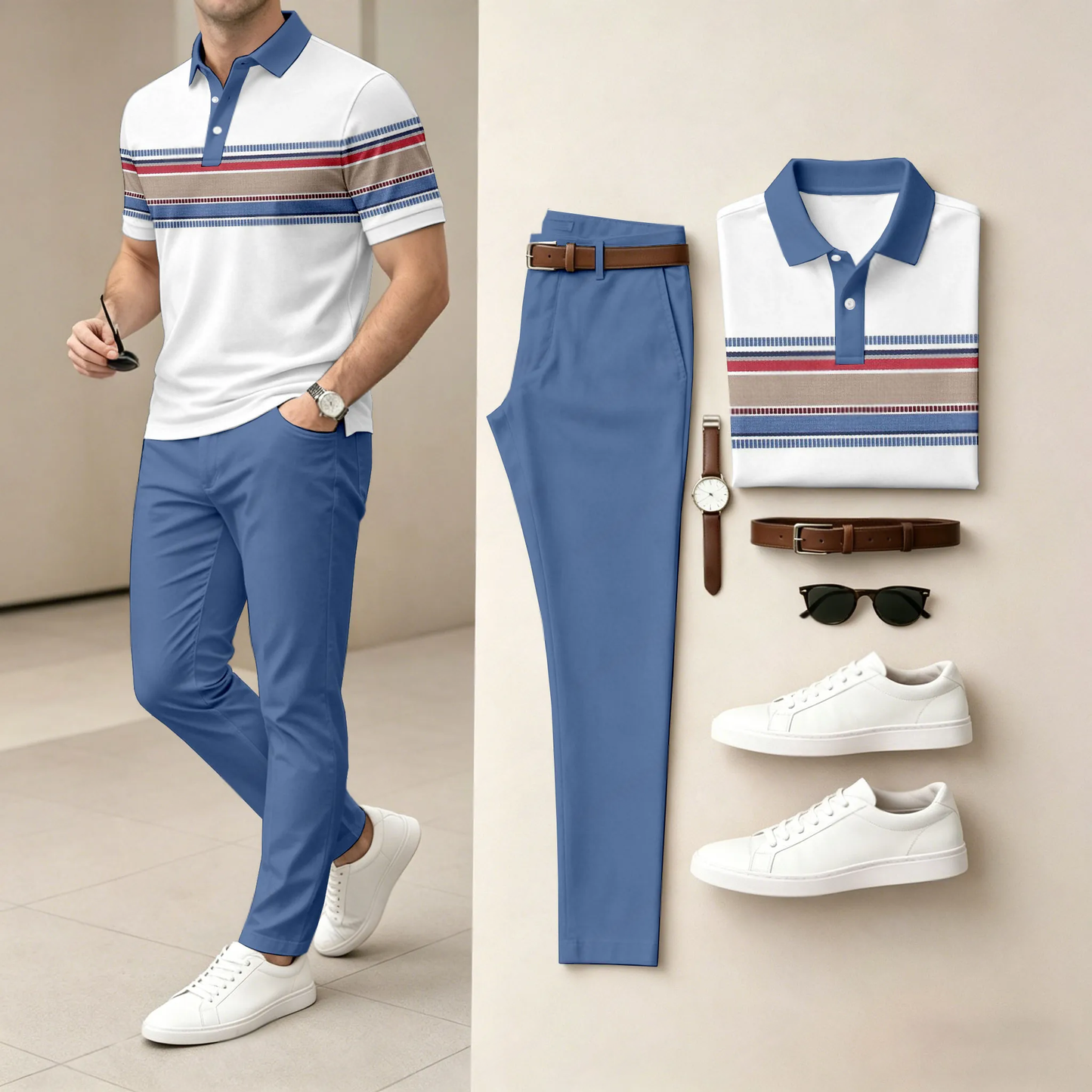 Men's Casual White Geometry Printed Polo Shirt And Pants Two-Piece Set