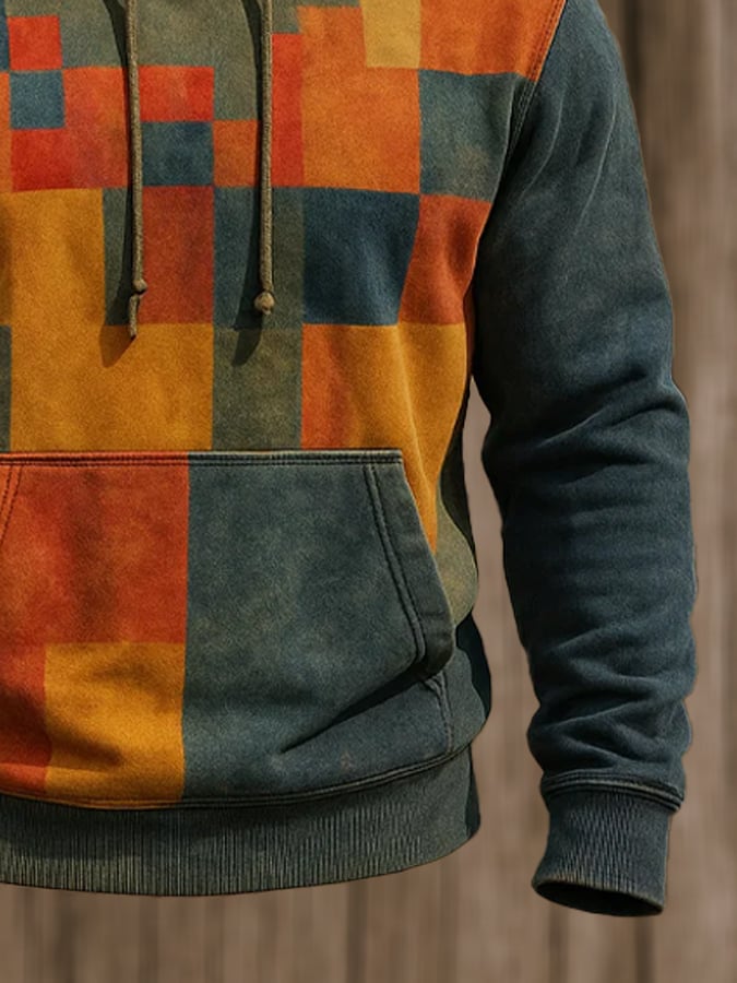 Men's Retro Distressed Color Block Print Casual Long Sleeve Sweatshirt