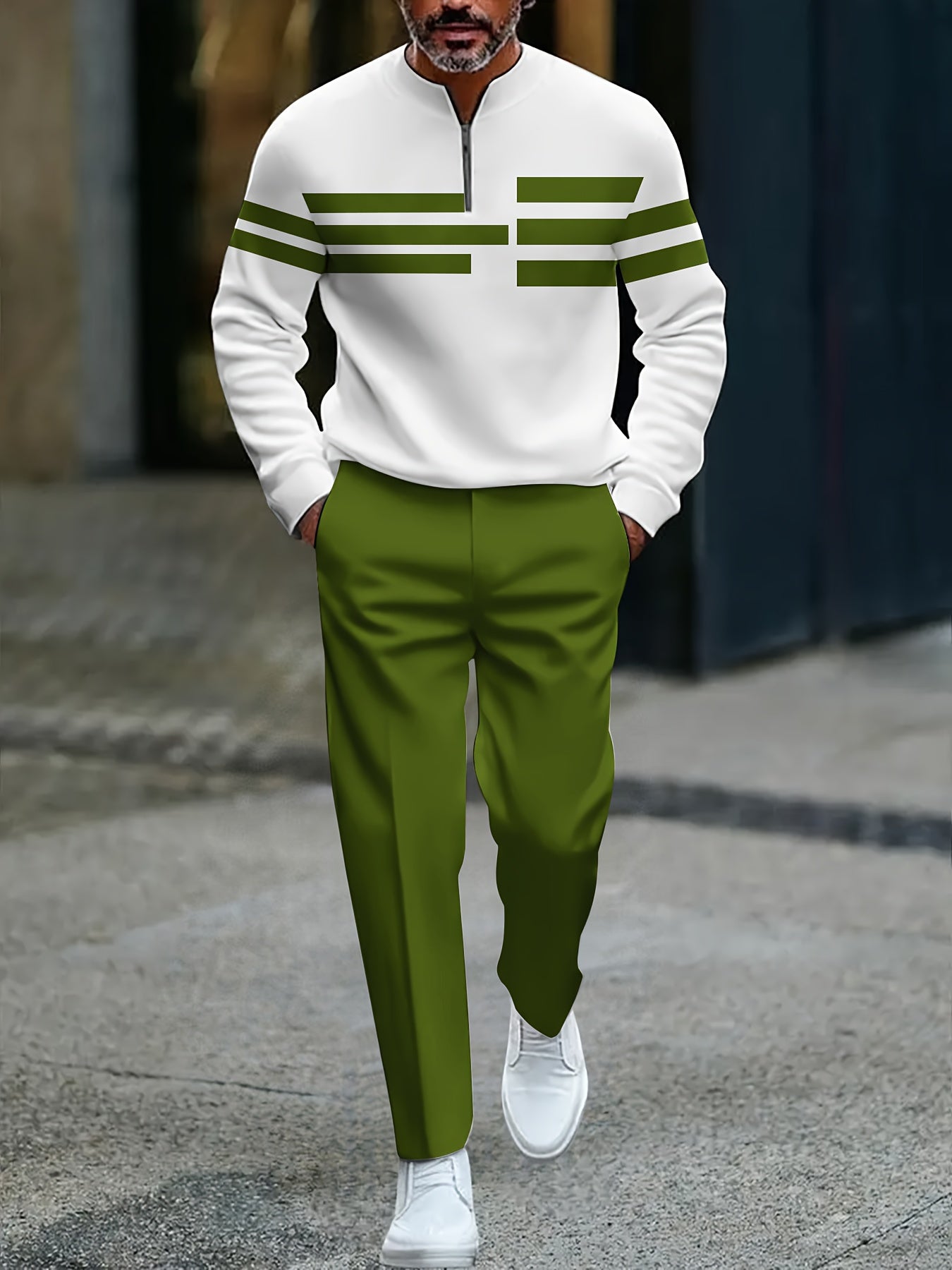 Men's Casual Color Matching Printed Round-Neck Zipper Long Sleeved Trousers Two-Piece Set