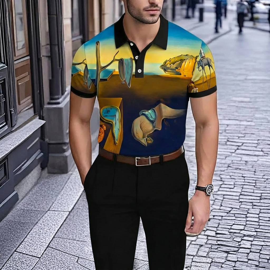 Men's Retro Blue Landscape Print Short-Sleeve Polo Shirt
