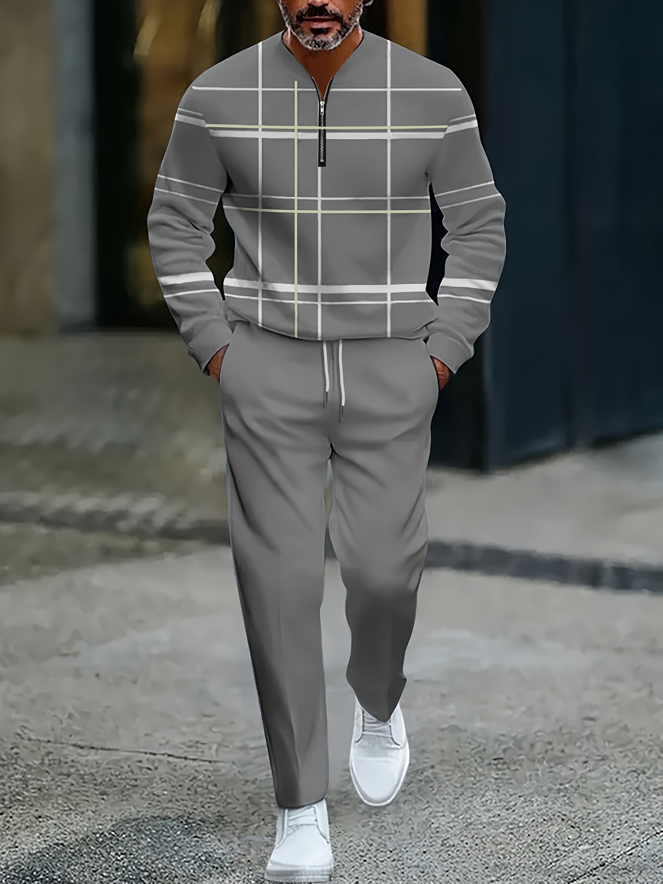 Men's Casual Color Matching Printed Round-Neck Zipper Long Sleeved Trousers Two-Piece Set