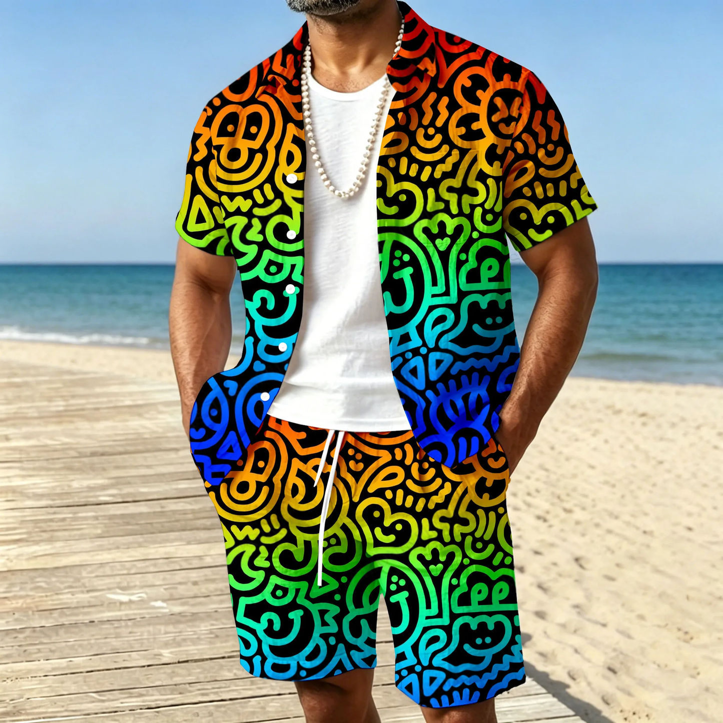 Men's Casual Fluorescent Color Short-Sleeved Shirt And Shorts Two-Piece Set