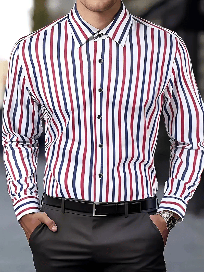 Men's Casual Striped Long Sleeve Lapel Shirt