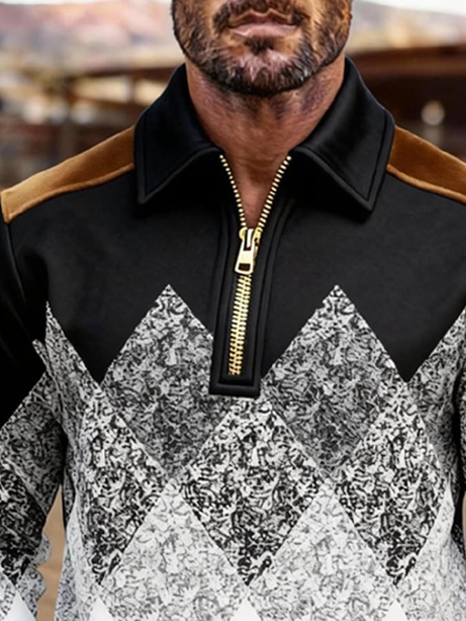 Men's Retro Color Block Print Zipper Sweatshirt