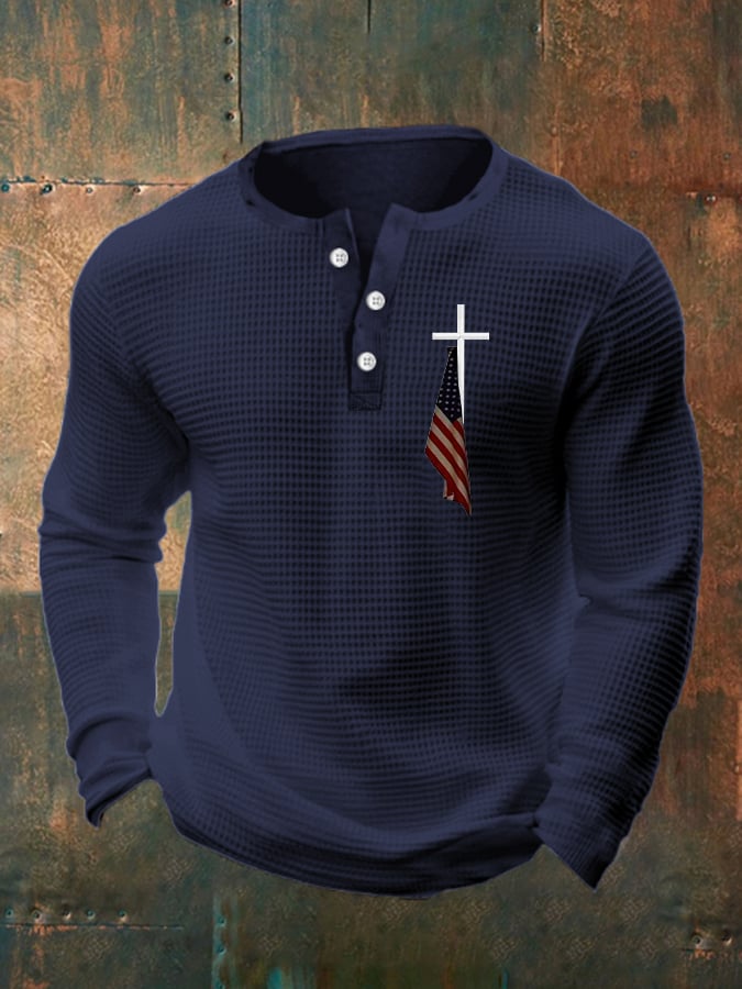Men's Flag Cross Print Henley Collar Shirt