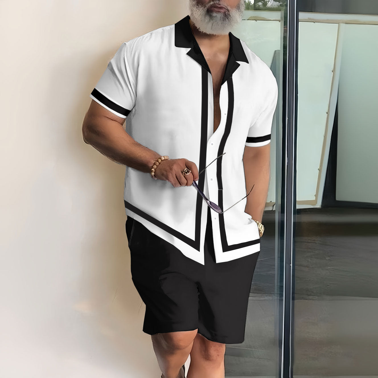 Men's Fashion Casual Lapel Printed Short Sleeve Shirt Two-Piece Set