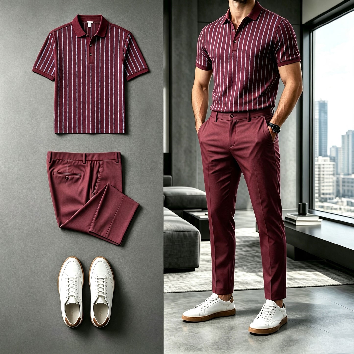 Men's Striped Short-Sleeve Polo Shirt and Pants Set