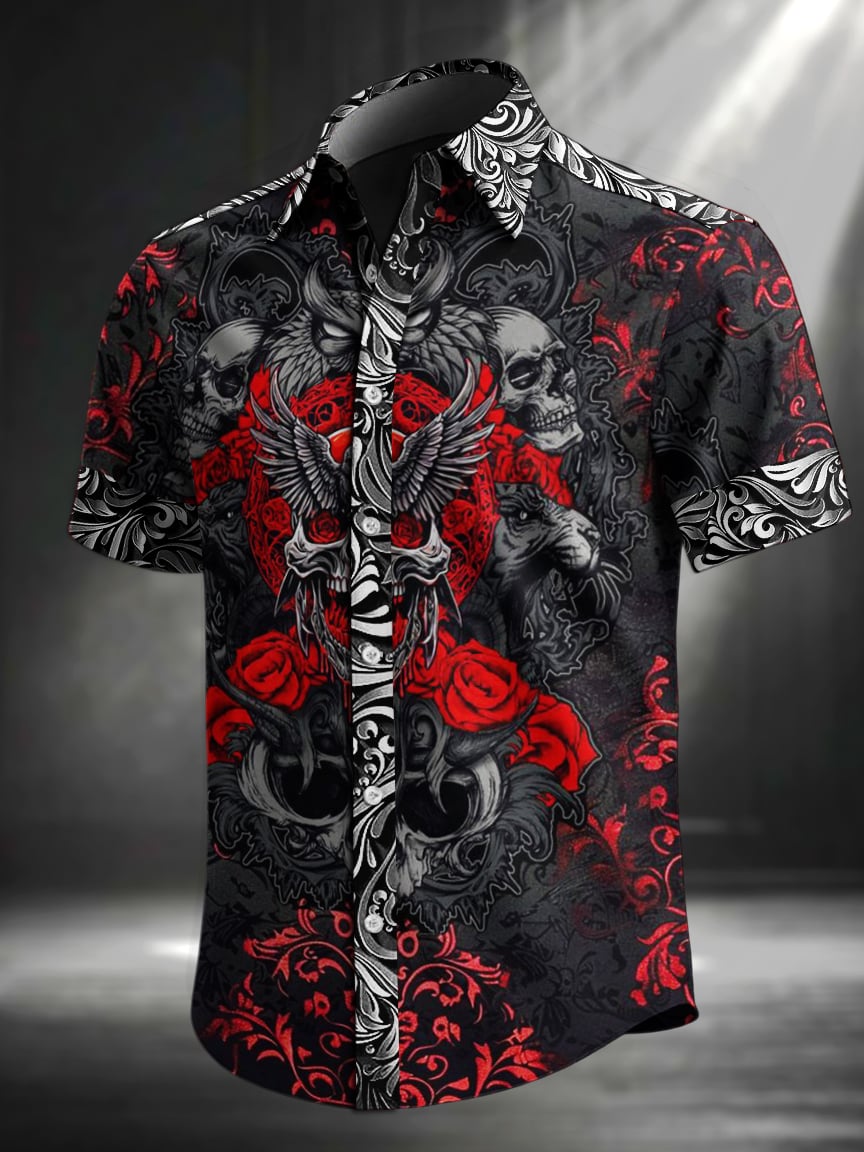 Men's Retro Skull Print Lapel Short Sleeve Shirt