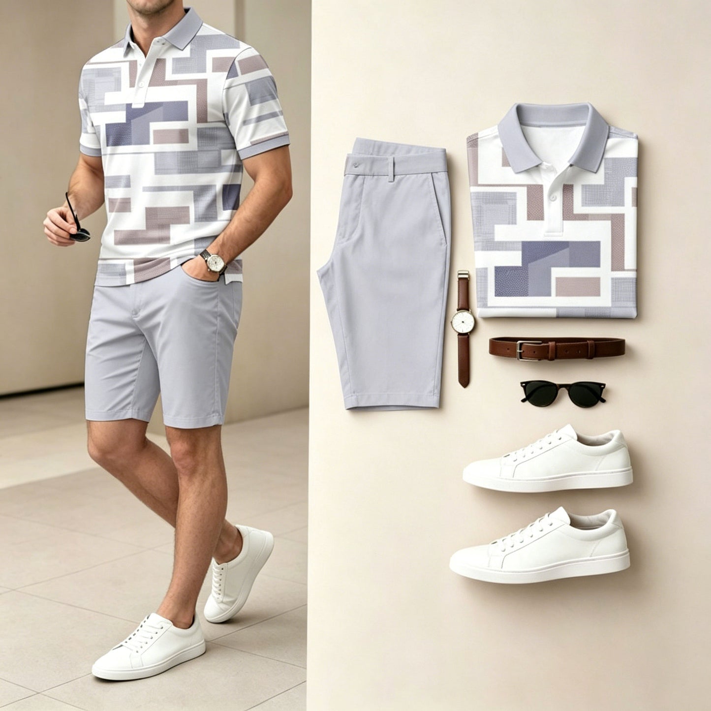 Men's Casual Grey Color Geometric Pattern Polo Shirt & Shorts Two-Piece Set