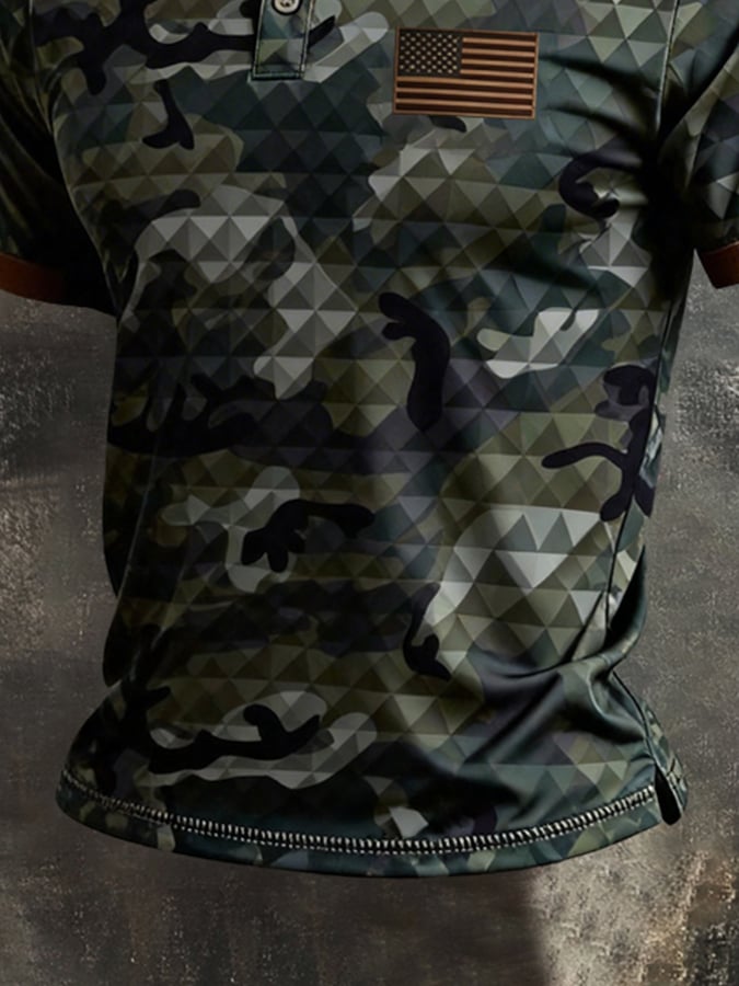 Men's Retro Patriotic Color-Block Short-Sleeve Polo Shirt