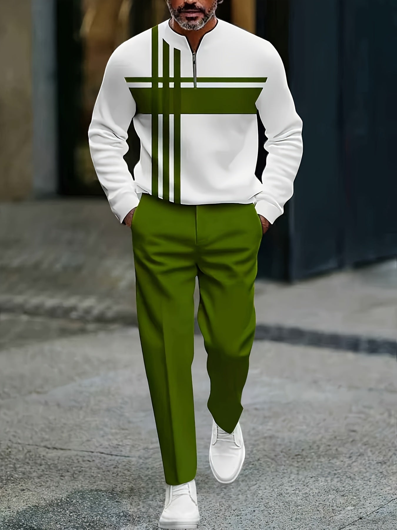 Men's Casual Color Matching Printed Round-Neck Zipper Long Sleeved Trousers Two-Piece Set